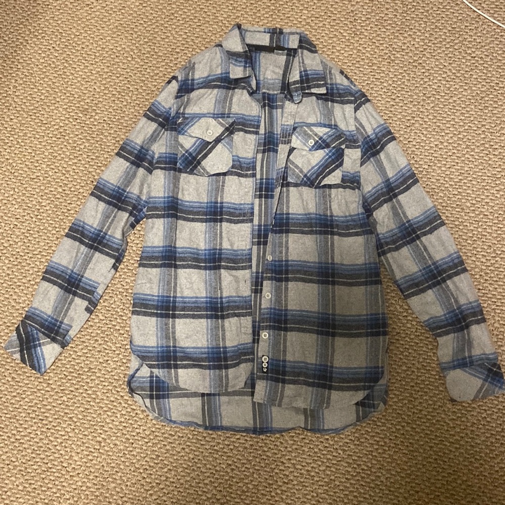 Blue, grey, and black flannel, slightly used